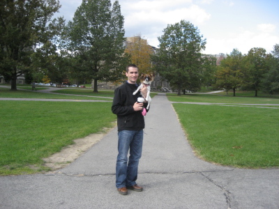 Sean posing with Buffy in Cornell's arts quad October 2008